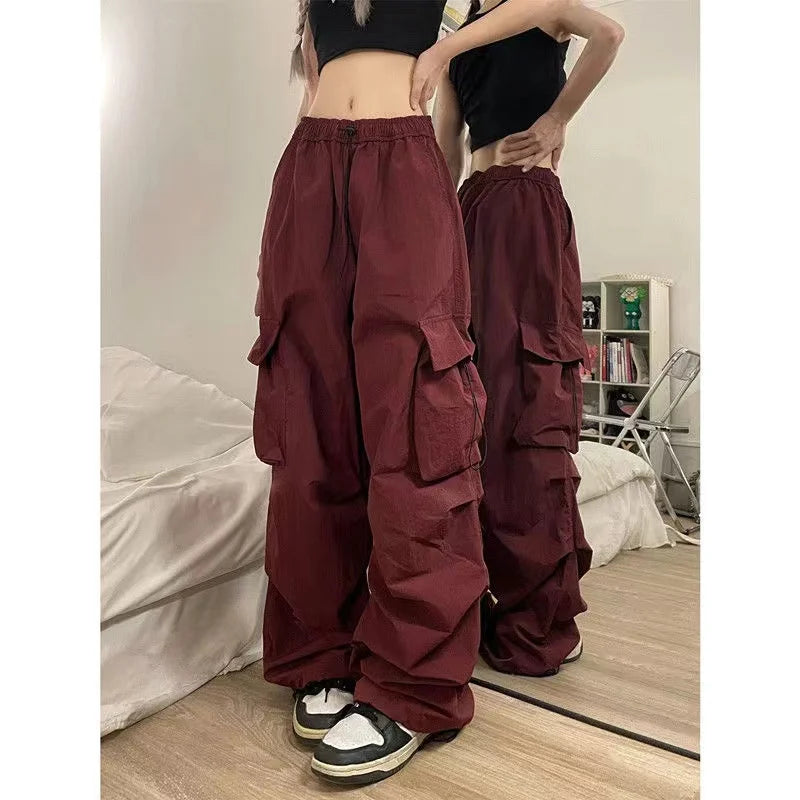 lovwvol American pink multi-pocket cargo jeans for women, hip-hop goth strap design, street loose straight-leg floor mopping pants