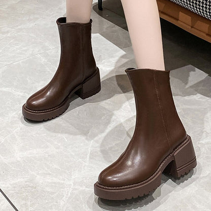 British Style High Heels Cowboy Boots Women Autumn Pu Leather Platform Ankle Boots Woman Back Zipper Thick Heeled Botas