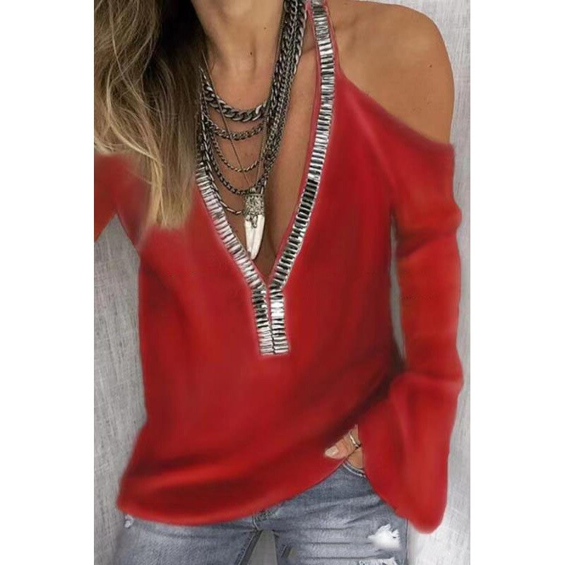 New Arrival Women's Solid Color V-Neck Sequin Long Sleeve T-Shirt for Autumn and Winter Clothing  Aesthetic  Pro Choice