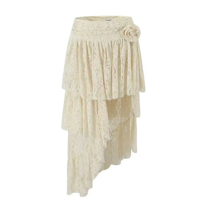 lovwvol Women's White A-line Lace Rose Skirt Vintage Aesthetic Y2k Mini Skirt Harajuku Korean Streetwear Skirt 2000s Clothes Summer 2024