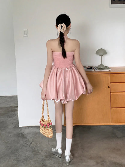 lovwvol Metallic Pink Satin Bud Mini Dress Women Bandage Halter See Through Lace Spliced Puffy Princess Dress Prom Party Gown