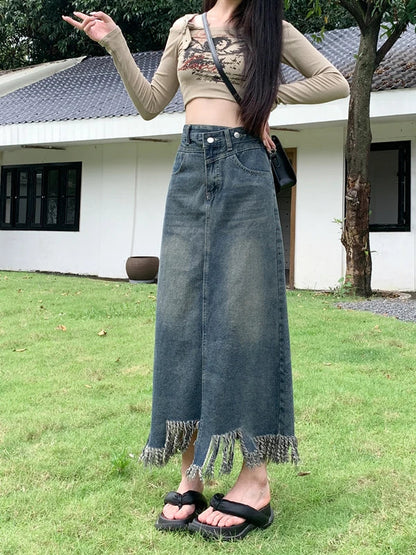 lovwvol  -  American Retro Denim Skirt Women's Autumn Vent Design Tassel A-line Hign Waist Denim Long Skirt Female Clothing