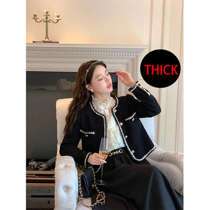 Vintage Jackets Women Black Tweed Cropped Coat Korean Elegant Thicken Single Breasted Blazer Casual Short Outerwear Tops