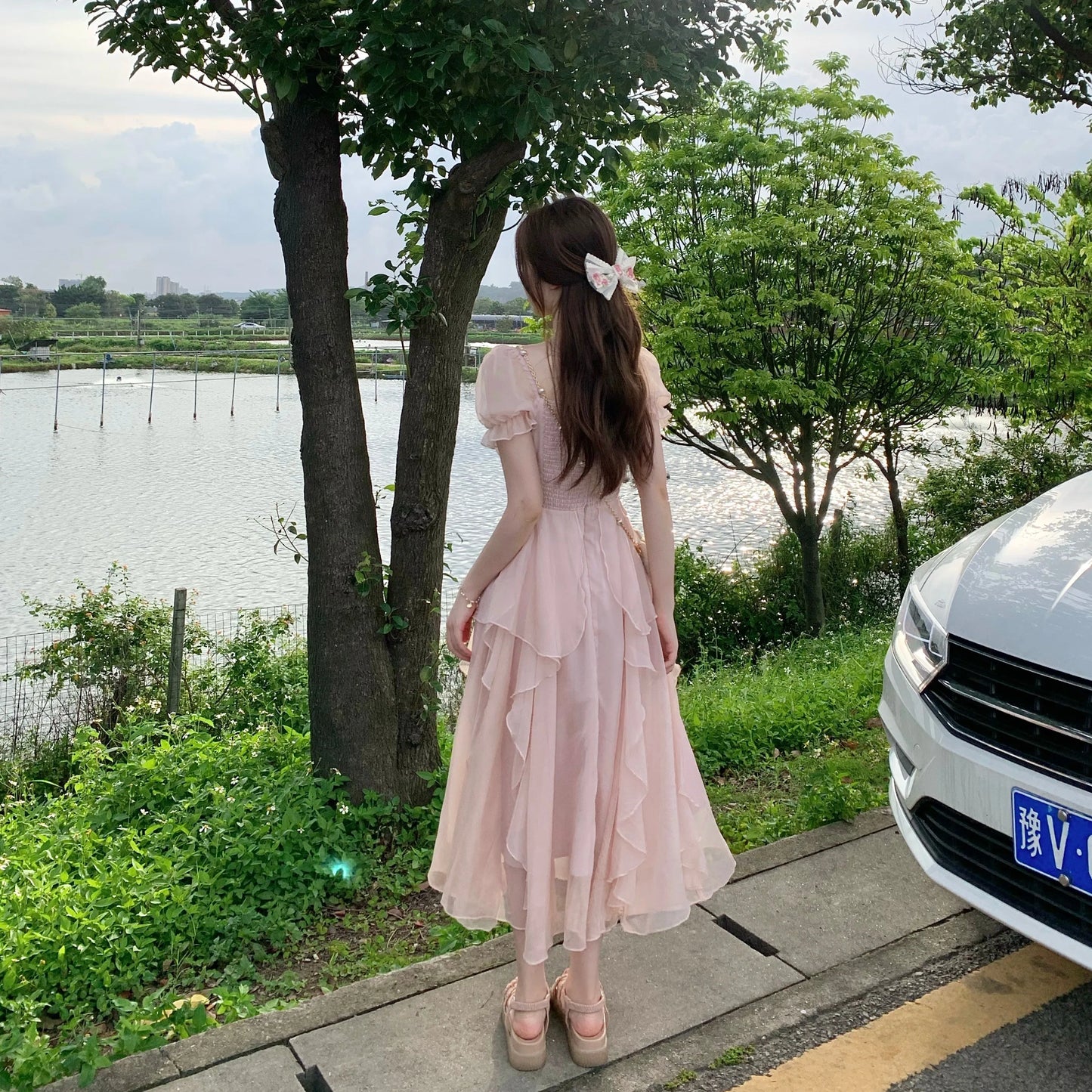 lovwvol Summer Chiffon Fairy Dress Women Solid Elegant Party Midi Dress Female Casual Sweet Korean Fashion Pink Dress New Clothes