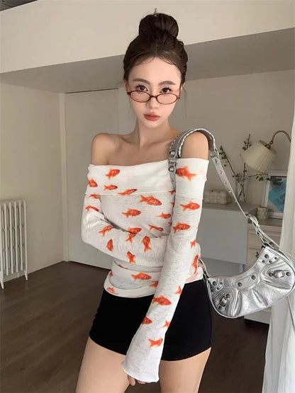 lovwvol Women Sheer Goldfish Long Sleeves Top Casual Off-the-shoulder Animal Printing T-Shirt Y2k Vintage Pullover Undershirt