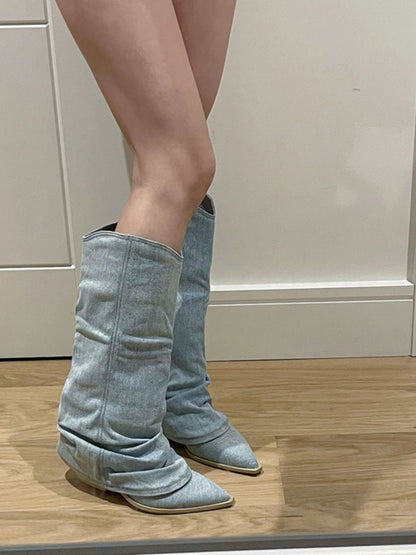 Pointed Toe High Heel Trouser Tube Boots New Female Western Cowboy Knight Boots Denim Splicing Street Style Sewing Fashion Shoes