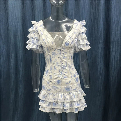 High Quality 2023 Ruffle Light Blue Women Mini Dress