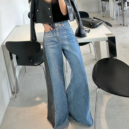 lovwvol  -  Y2K Fashion Patchwork Vintage Blue Baggy Flare Jeans Pants For Women Clothes Loose Wide Leg Denim Trousers Pantalon Femme