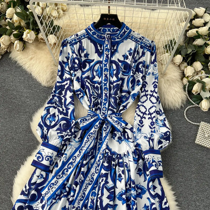 lovwvol Spring Runway Blue And White Porcelain Dress Women's Stand Long Lantern Sleeve Flower Print Lace Up Beach Robe