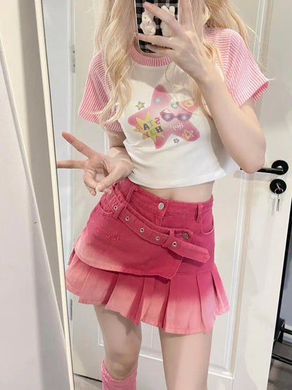 Women's Spring/Summer Barbie Pink Gradient Denim Short Skirt Fashion American Spicy Girl Y2K Subcultural Pleated Cute Skirt