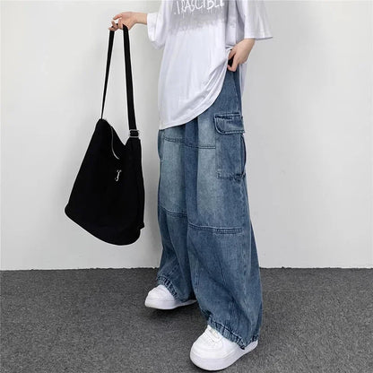 lovwvol Y2k Vintage Baggy Jeans for Women Autumn Loose Pockets Elastic Waist Denim Wide Leg Pants Japanese Streetwear Trousers