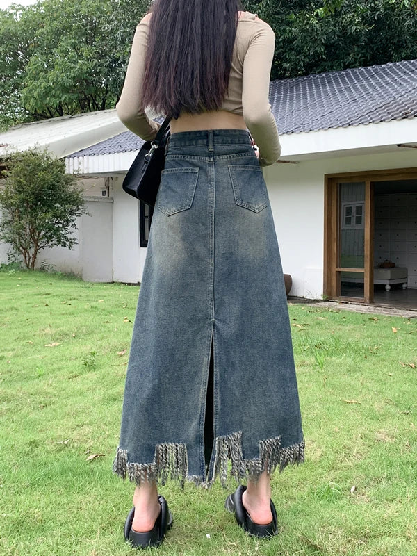 lovwvol  -  American Retro Denim Skirt Women's Autumn Vent Design Tassel A-line Hign Waist Denim Long Skirt Female Clothing