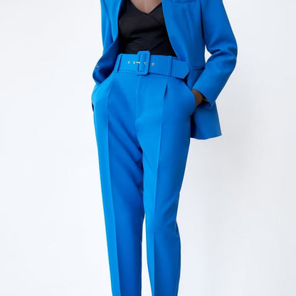 Women Fashion Two Pieces Sets Office Wear Blazers Coat And With Belt High Waist Pants Female