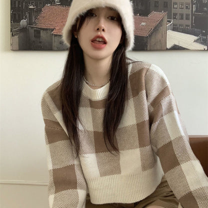 lovwvol Pullovers Crop Contrast Check Sweater Women Sueter Mujer Casual Knit Outwear Top 2023 Shirts for Women Blue Plaid Sweaters