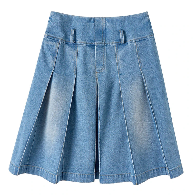 lovwvol Vintage Knee-length Midi Long Pleated Denim Skirt Women Acubi Fashion Grunge Y2k Streetwear Blue Jeans Bottoms Female