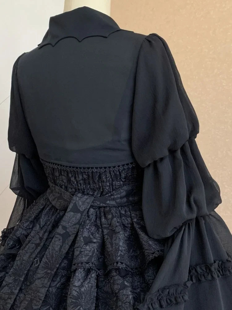 lovwvol  -  Gothic Lolita Cardigan Blouse Women Loose Puff Sleeve Lace Patchwork Black Cropped Shirts Japanese Harajuku All Match Capes Top