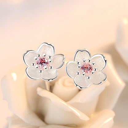 Korean Moon Pearl Zircon Stud Earrings For Women Elegant Crystal Flower Cherry Blossoms Earring Anniversary Wedding Jewelry