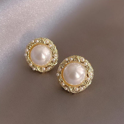 New Hollow Circle Imitation Pearl Stud Earrings For Women Zircon CZ Rhinestones Irregular Design Earring Female Unusual Jewelry