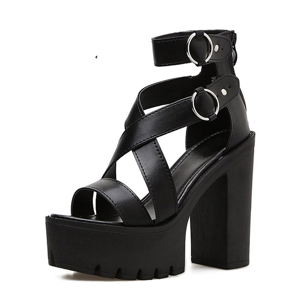 Women's Platform Chunky High Heels Sexy Cross Strap Open Toe Buckle Strap Pumps Back Zipper Party Sandals Goth Style