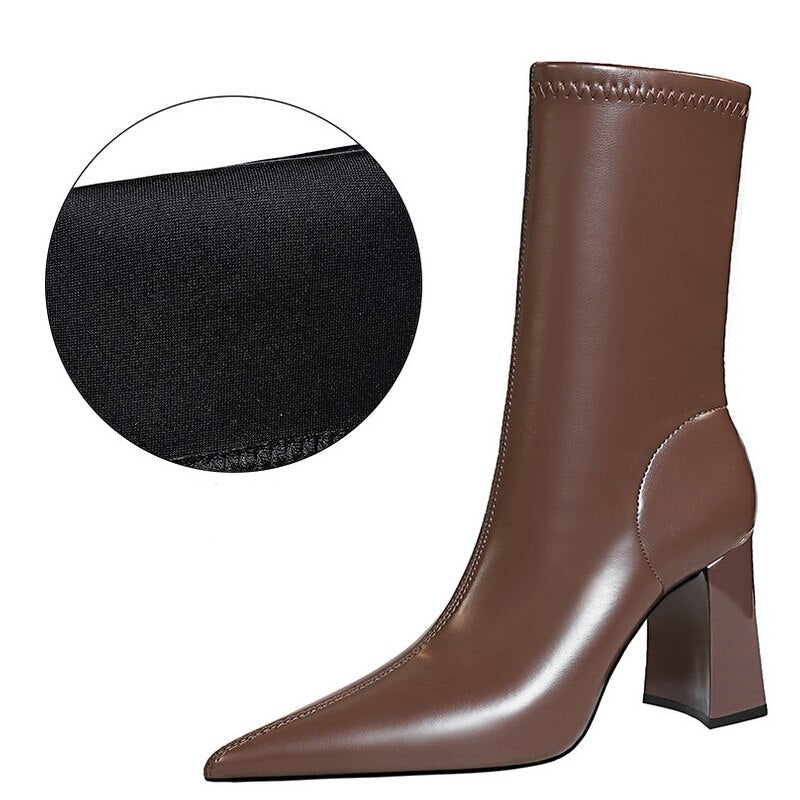 Shoes Mid-Calf Boots Chunky Block Heels Women Boots Pointed High-Heeled Boots Lady Pu Leather Boots Autumn Winter Shoes