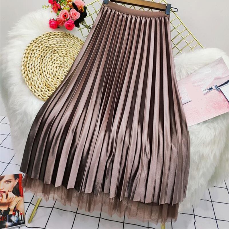 lovwvol Both Sides Wear Pearls Mesh Skirt Women Summer Velvet High Waist Long Skirts Woman Solid Color A Line Pleated Skirts