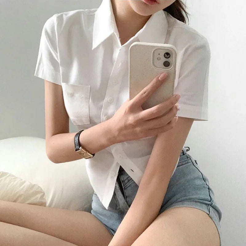 lovwvol Women Blouses Basic White Shirts Preppy Style Cropped Short Sleeve Tops Female Slim Office Wear Korean Fashion Casual