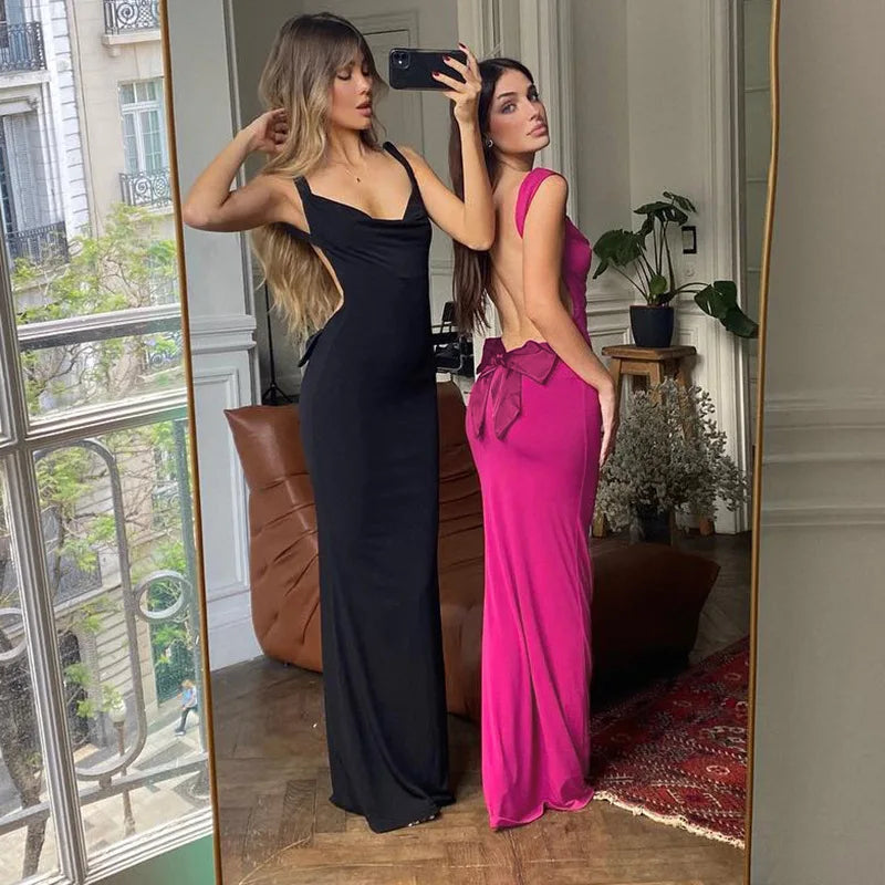 lovwvol  -  Sexy Backless Plunging Neck Maxi Dress Slim Sleeveless Bow Applique Elegant Bodycon Women Long Dresses Party Evening Ball Gown