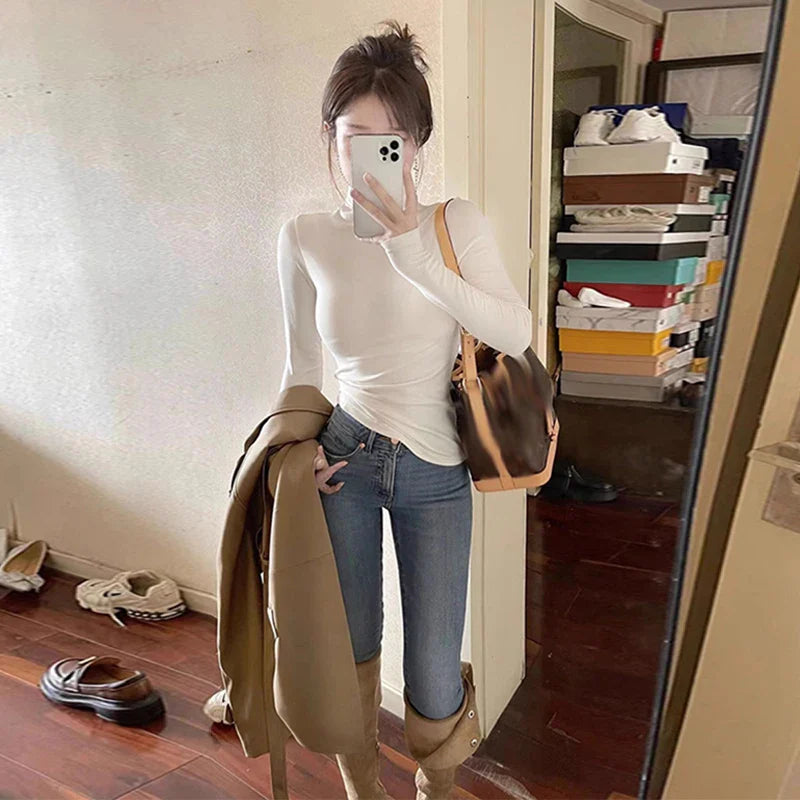 lovwvol White Long Sleeve Slim Basic Women's T-shirts Solid Color Fashion High Collar Simple Slight Stretch Chic Female Blouses