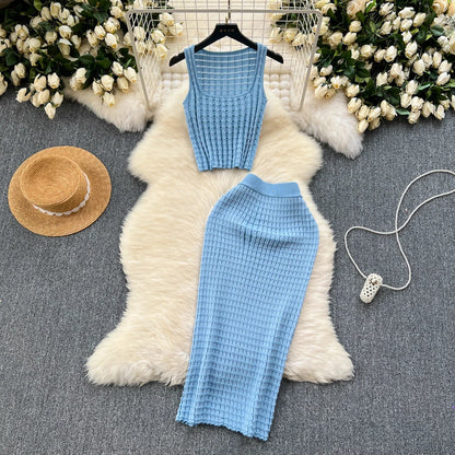 lovwvol Summer Women Fashion Skirt Set Sexy Sleeveless Tank Tops High Waist Slim Long Saya Female Two Piece Suits Knit Solid Clothes