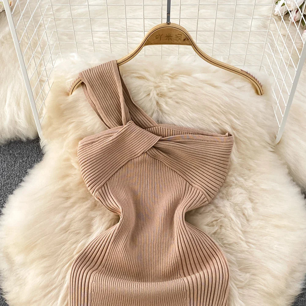 Chic One Shoulder Solid  Sleeveless Knit  Dress Slim High Waist Evening Party Diagonal Collar Dress Women Summer