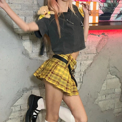 lovwvol Millennium Harajuku Style Y2k Retro American Yellow Plaid Pleated Skirt Women's Design Sense Spice JK Skirt Preppy A-Line Skirt