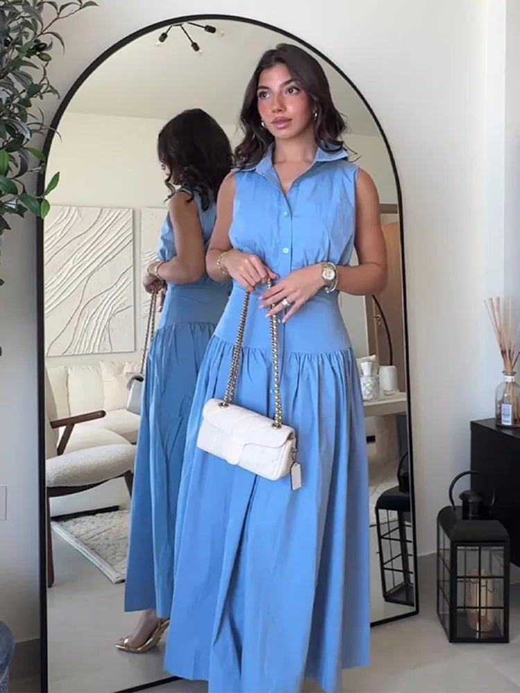 lovwvol Women Fashion Blue High Waist Sleeveless Dress Elegant Lapel Single-breasted A-line Dress 2024 Summer Office Lady Commuting Robe