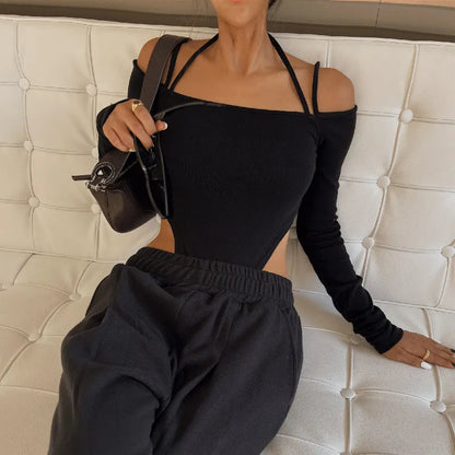 lovwvol  -  Sexy Off Shoulder Halter Bodysuit Aesthetic Spaghetti Straps Long Sleeve T Shirt Women Slim Fit Party Clubwear Bodysuits