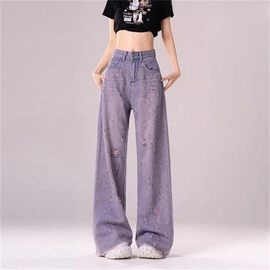 lovwvol Women's Purple Hole Burr Edge Thin Jeans Summer Street Cool Girl Bottoms Pants Female High Waisted Baggy Denim Trousers