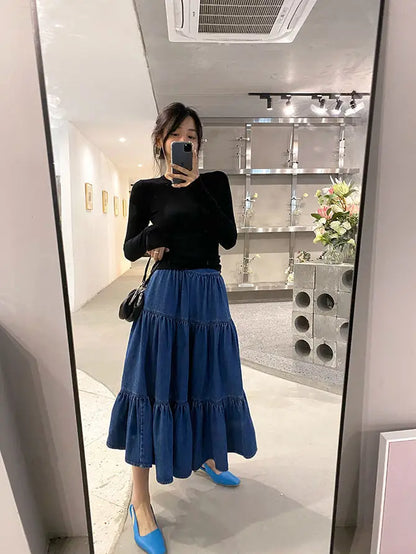 lovwvol  Denim Long Skirt Half Cake Umbrella Skirts for Woman Mid-length Elastic High Waist Dress Korean Fashion Y2k Clothing