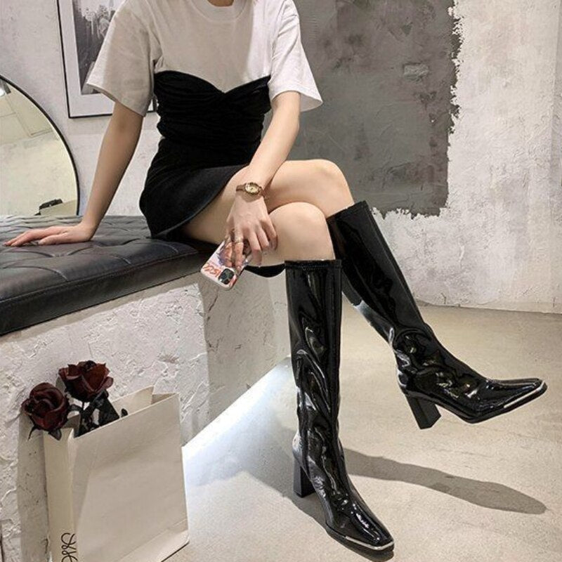 Ladies Boots Long Footwear Winter Knee High Shaft Shoes for Women Very Heel Square Toe Platform Trend  Waterproof Y2k Pu New