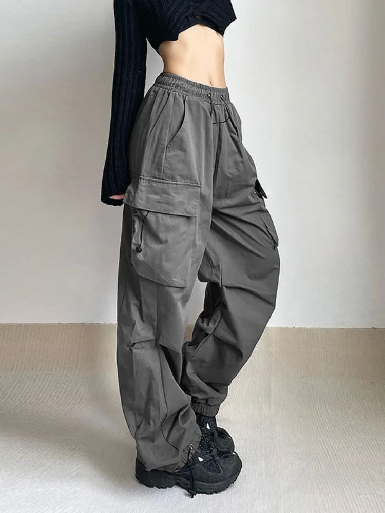 lovwvol Women Oversized Cargo Parachute Pants Y2k Vintage Streetwear High Waist Joggers Hippie Baggy Harajuku Wide Leg Sweatpants