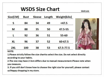 lovwvol Sweet Pink Print Tops Women Japanese Kawaii Lolita Wide Leg Short Sets Female Summer Off Shoulder Lace Up Blouse Two Piece Set