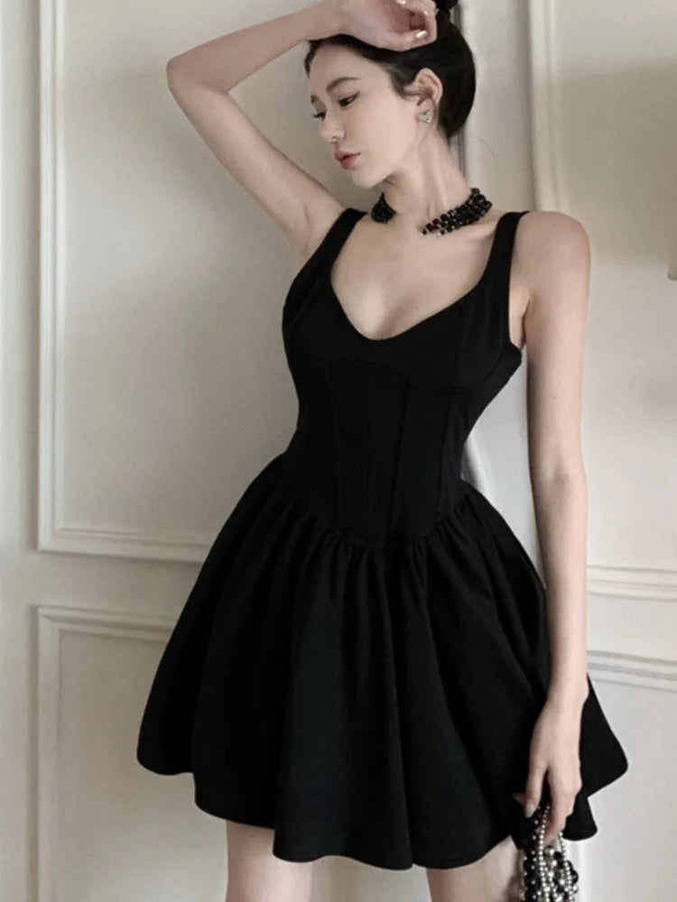 Y2K Black Short Dress Women Summer New Spaghetti Strap V-neck Slim A-line French Vintage Birthday Party Dresses Prom Vestidos