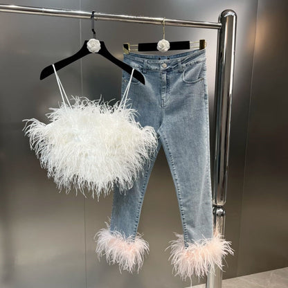 lovwvol Autumn Sleeveless Feathers Camisole Crop Top Blue Denim Pants Long Jeans Two Piece Set Women GF920