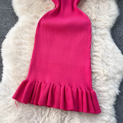 Summer Knitted Bodycon Sexy Dress  O Neck Sleeveless Ruffled Party Sundress High Street Elastic Slim Short Dress