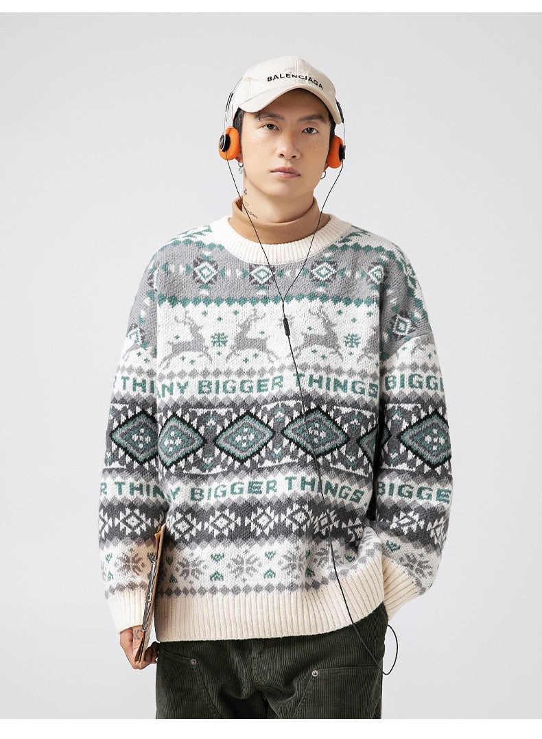 lovwvol Fashion Winter Men's Cool Boy Casual Loose Tess Knitted Pullover Sweater Soft Twist Pattern Warm Striped Reindeer Christmas