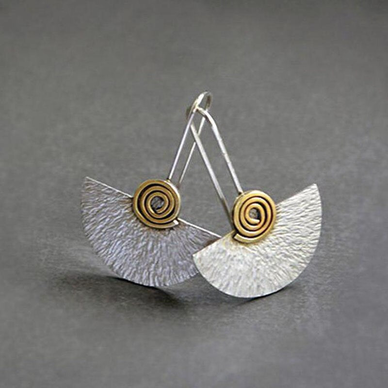 Tribal Golden Spiral Half Circle Drop Earrings Gypsy Jewelry Two Tone Metal Silver Color Tree Bark Fan Shaped Earrings Women