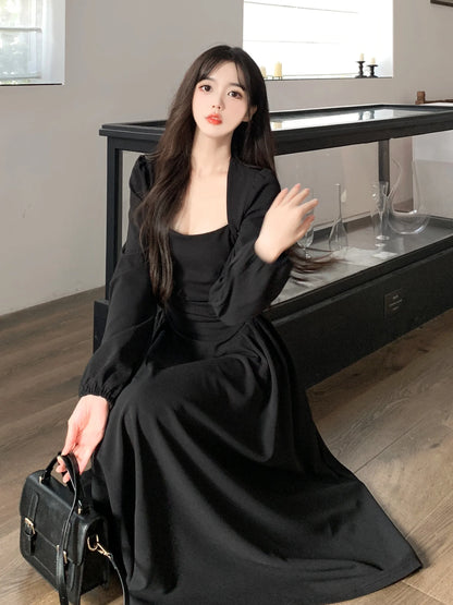 lovwvol Summer Elegant Party Casual Lady Long Dresses Retro Folds Puff Sleeves Fashionable Sexy Design Slimming Waist Green Dress