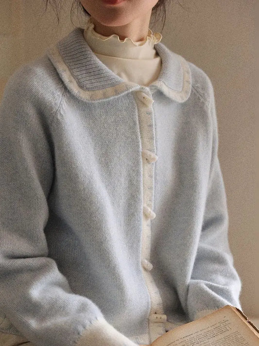 lovwvol Milk Blue Horn Button Cardigan Women Winter Temperament Sweater New Loose Lazy Gentle Doll Collar Knitwears Coat