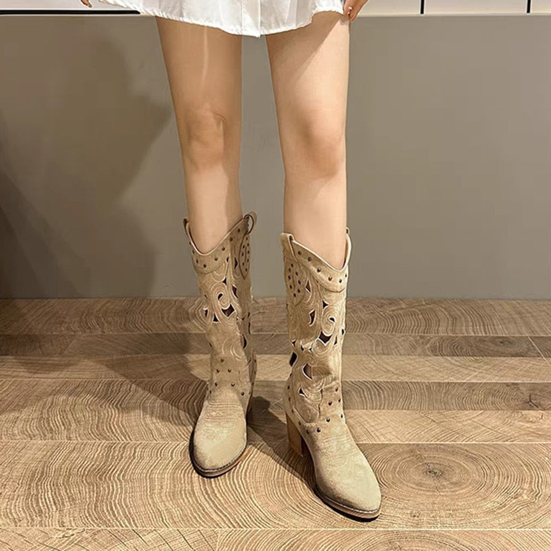 Hollow Embroidered Vintage Western Boots Women  Autumn Chunky Heels Knee High Cowboy Boots Woman Pu Leather Knight Booties