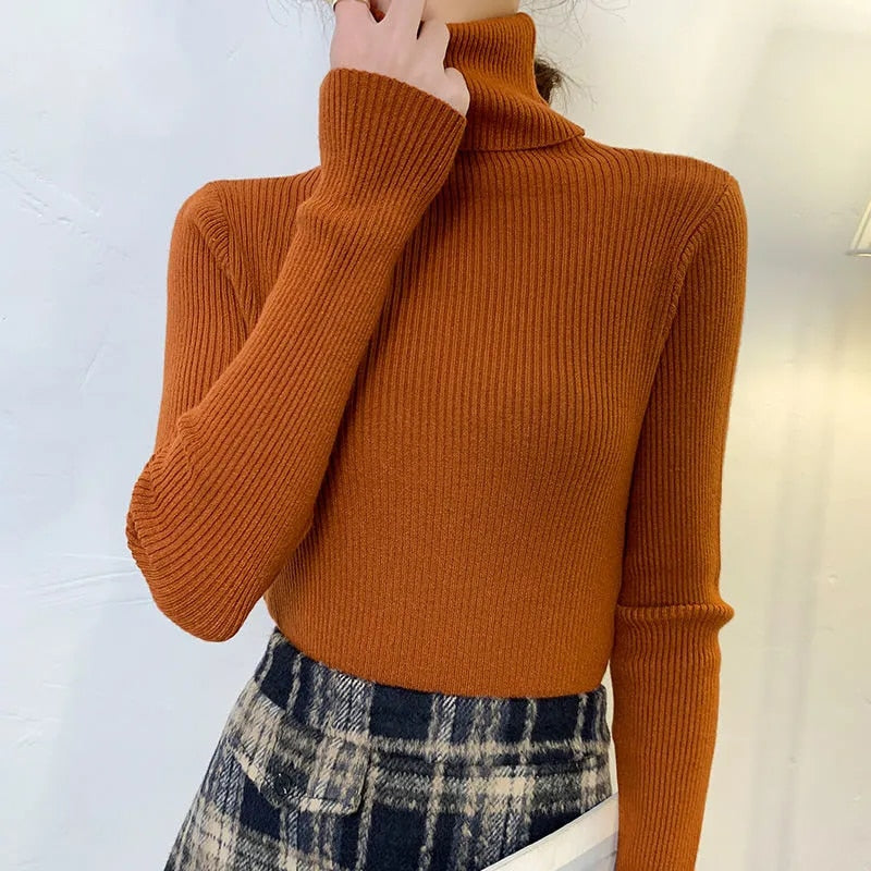 lovwvol Harajuku Pullover Turtleneck Sweater Women Fall Soft Knit Sweater Slim Elastic Korean Simple Basic Cheap Jumper Solid Tops