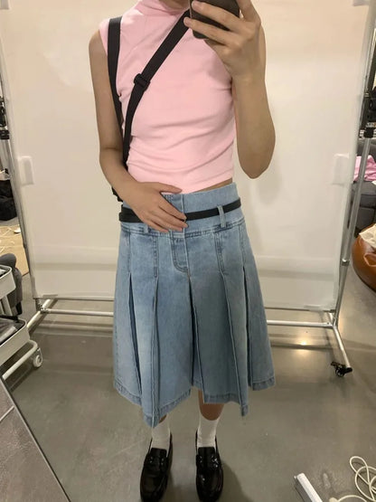 lovwvol  -  Summer Pleated Skirt Women Girls Blue Jeans Midi Knee-length Denim Skirt A-line Long Skirt Y2k Korean Vintage Skirt