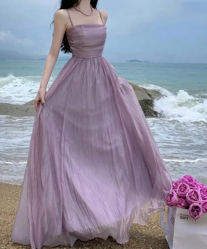 lovwvol Vintage Spaghetti Strap Purple Long Dresses for Women  Summer Sexy Tulle Pleats Fairy Evening Party Backless Female Clothing