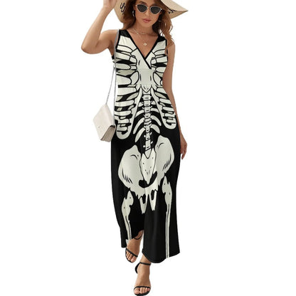 lovwvol Spooky Skeleton Dress Human Head Skulls Vintage Maxi Dress V Neck Design Bohemia Long Dresses Street Style Oversized Vestidos